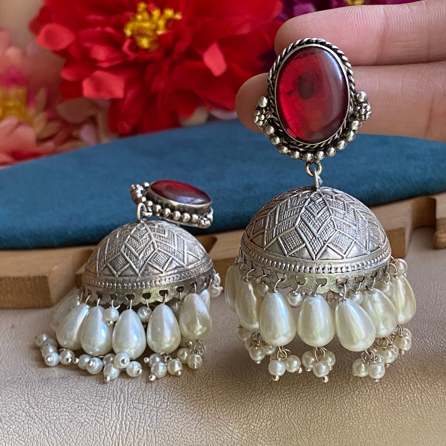 Ruby pearl jhumkas