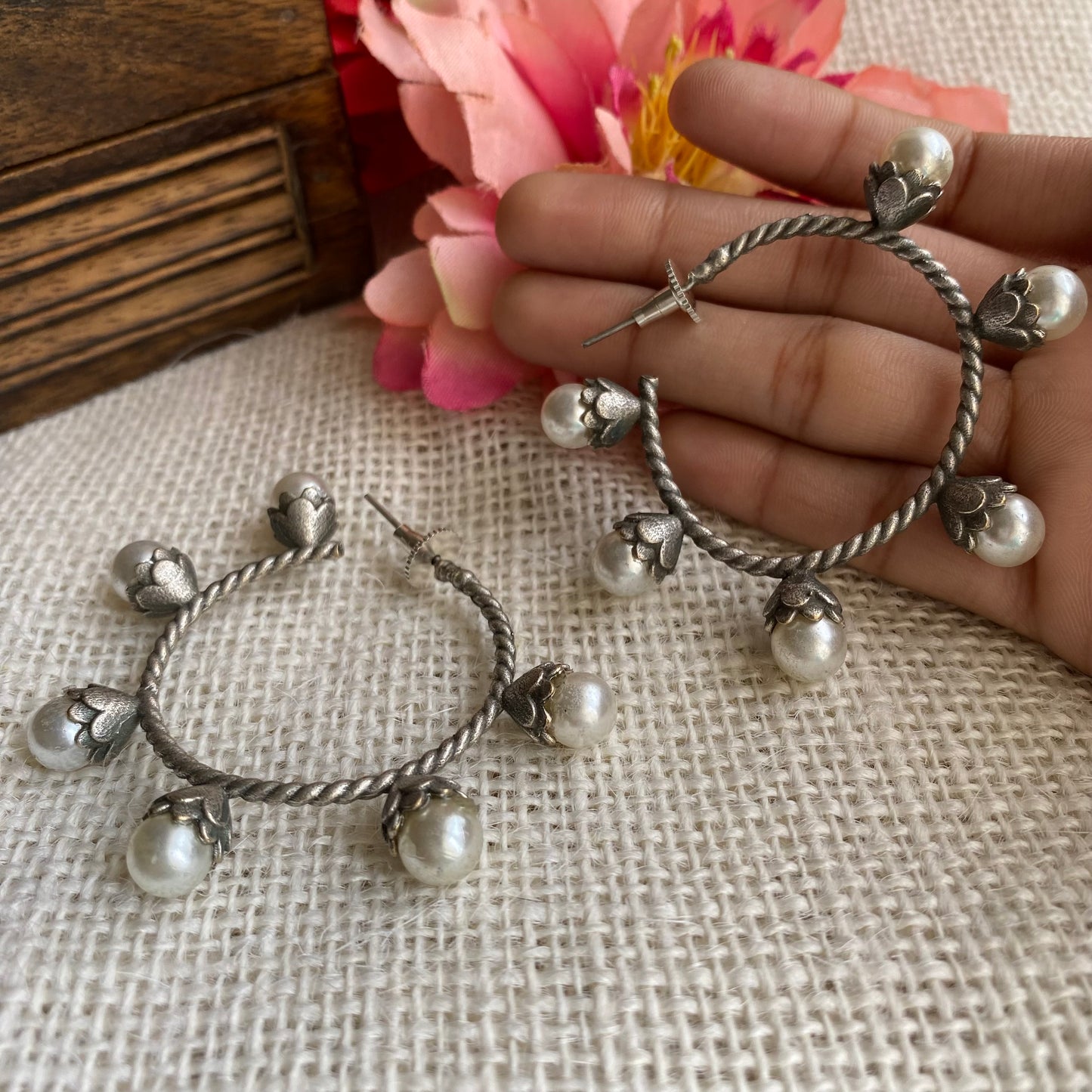 Silver Pearl hoops