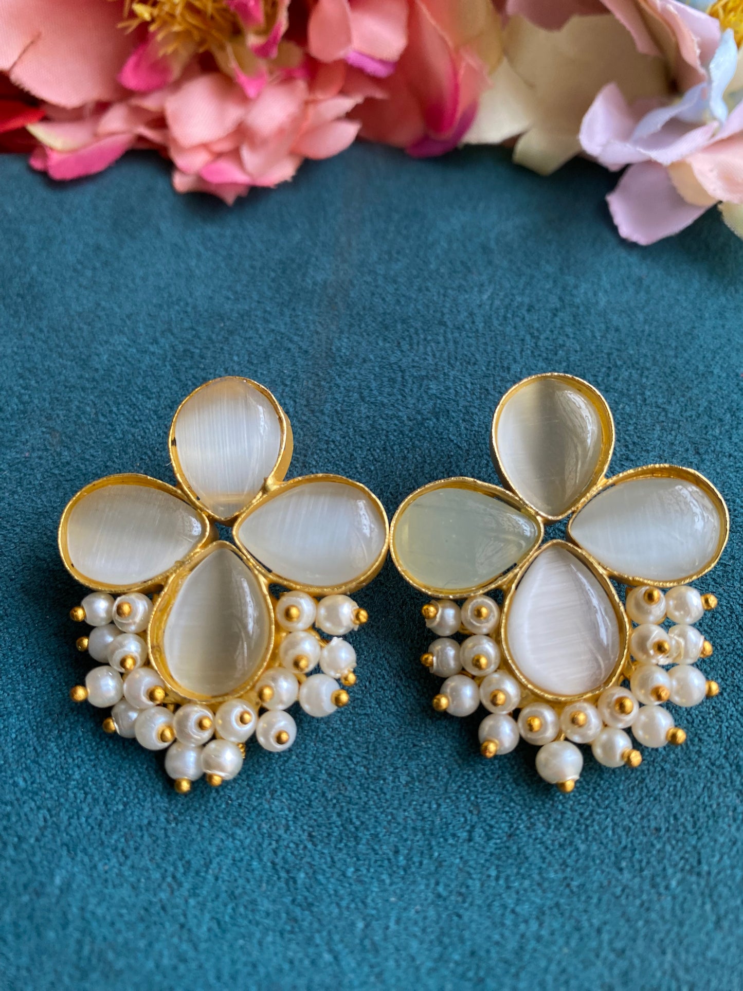 Stone Pearl  flower studs