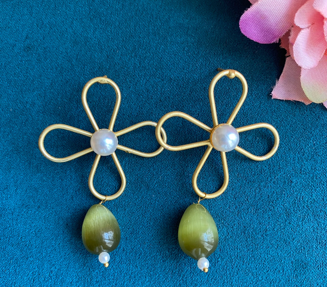 Pearl drop flower studs