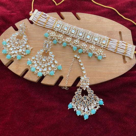 Semifloral Kundan choker (Sky blue)