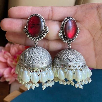 Ruby pearl jhumkas