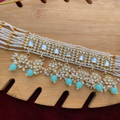 Semifloral Kundan choker (Sky blue)