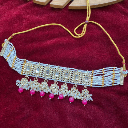 Semifloral Kundan choker (Rani pink)