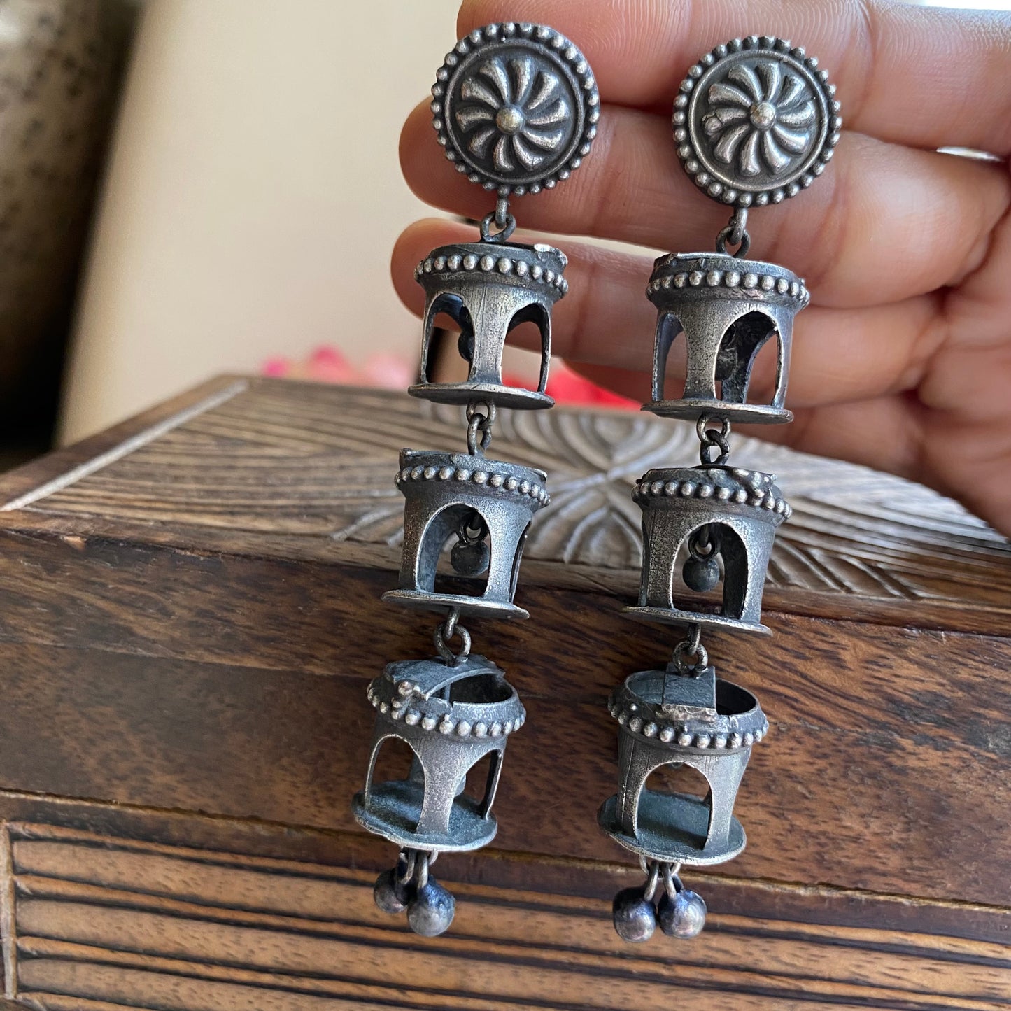 Oxidised German silver meenakari earring