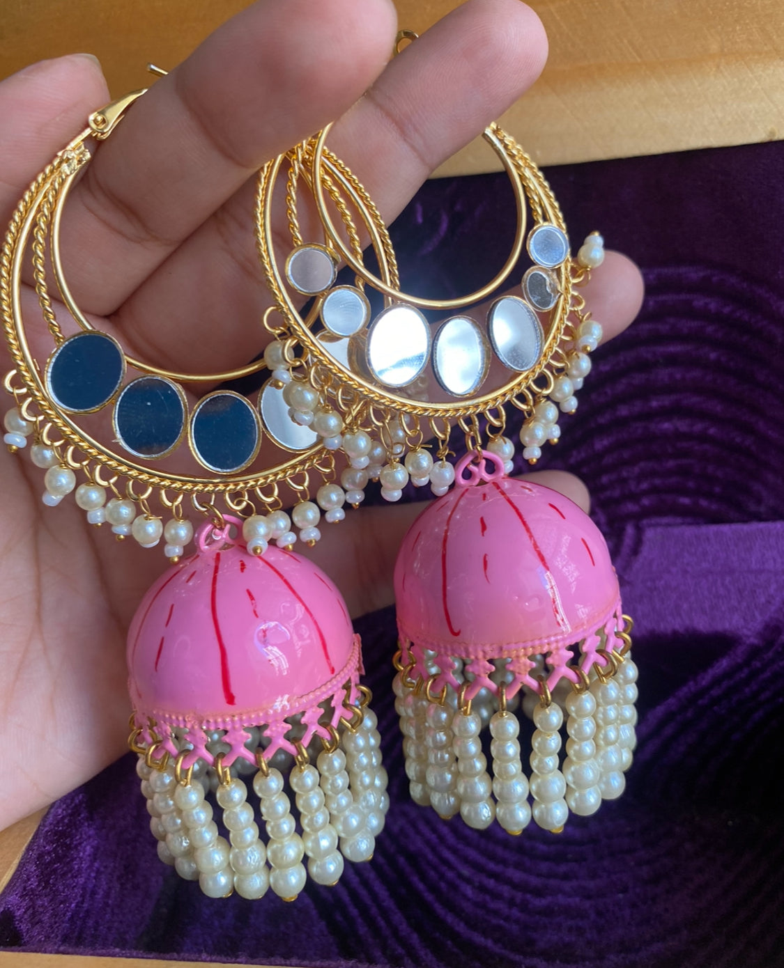 Mirror & Pearl Light weight Jhumkas