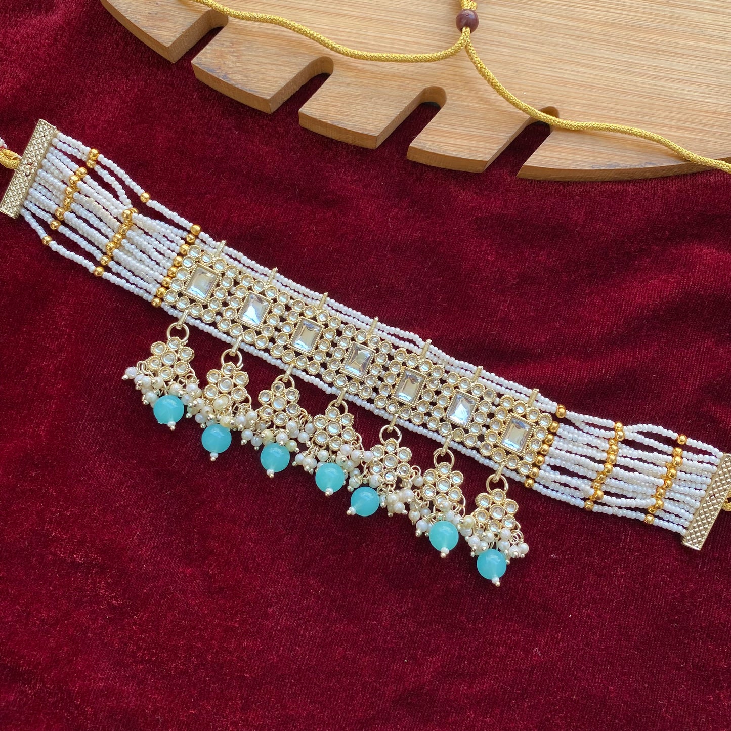 Semifloral Kundan choker (Sky blue)