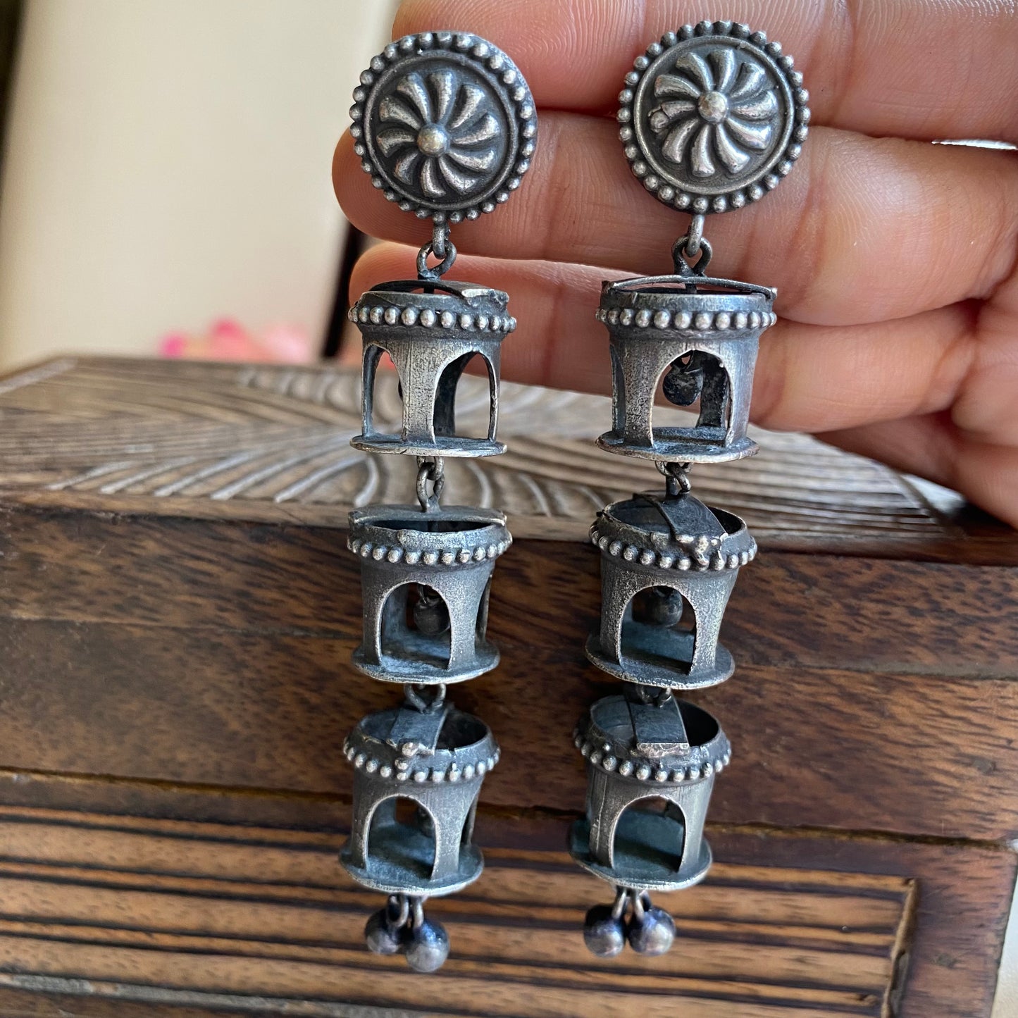 Oxidised German silver meenakari earring