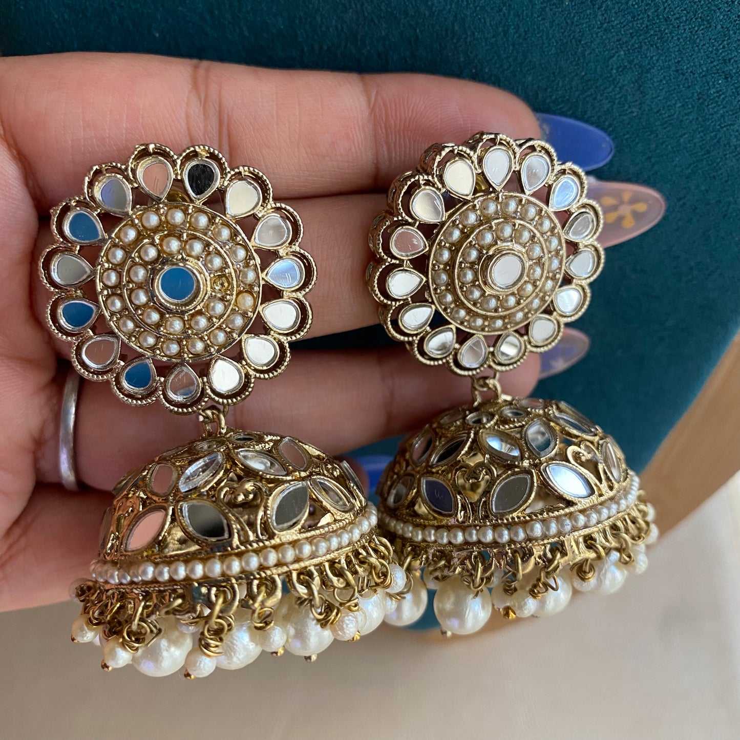 White Karishma mirror jhumkas