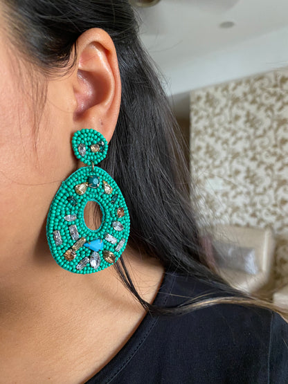 Green crystal & bead work earrings