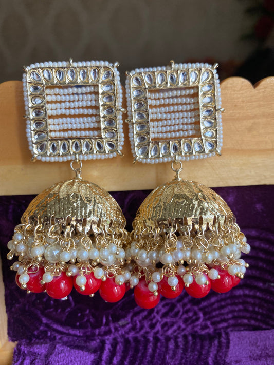 Moti work Red jhumkas