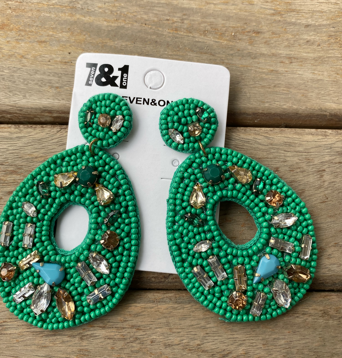 Green crystal & bead work earrings