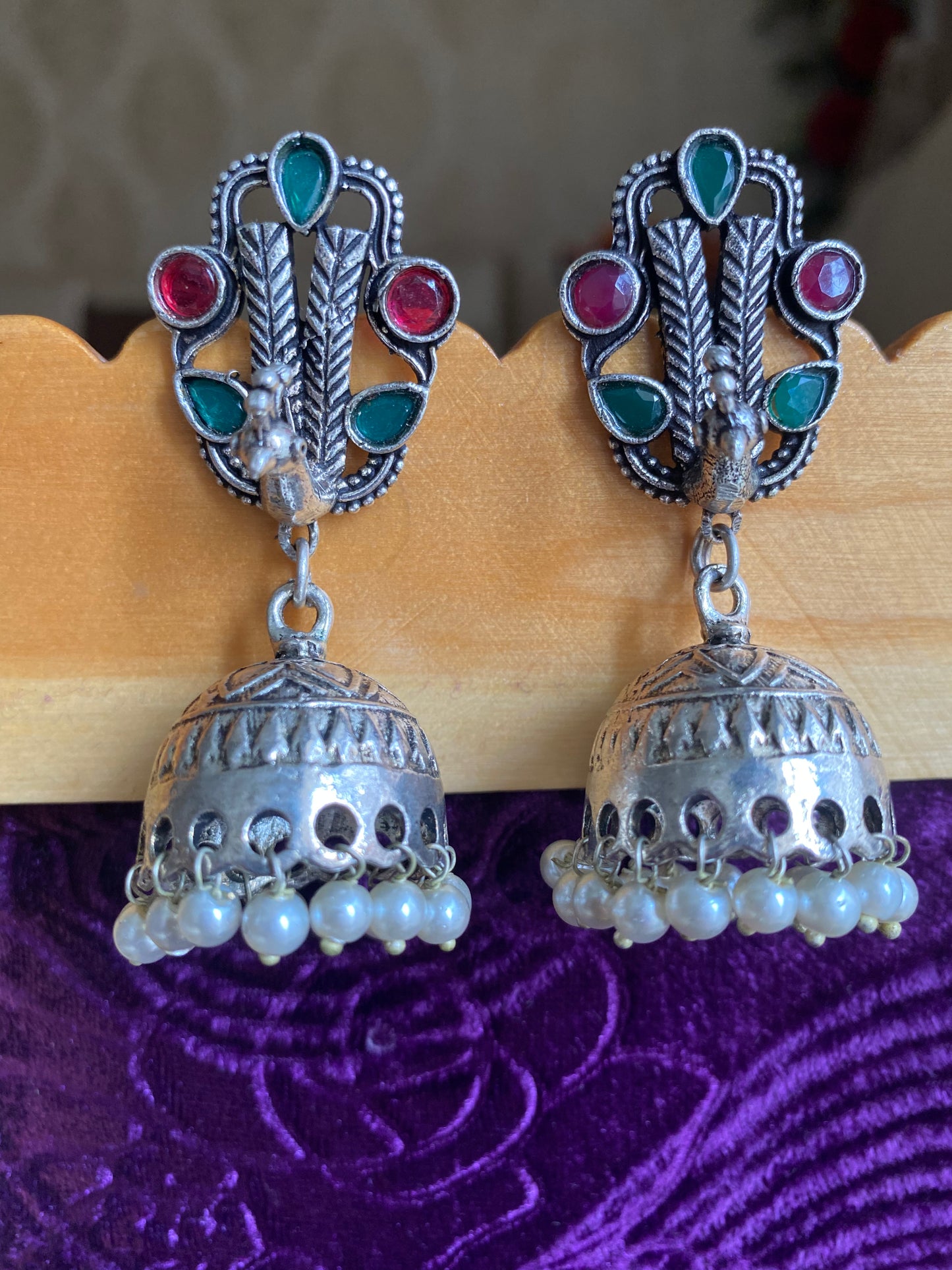 Ruby Green peacock jhumkas